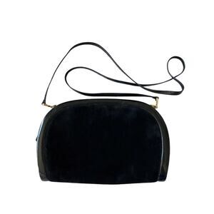 Vintage Ferragamo Black Suede Shoulder Bag with Patent Leather Trim and Strap